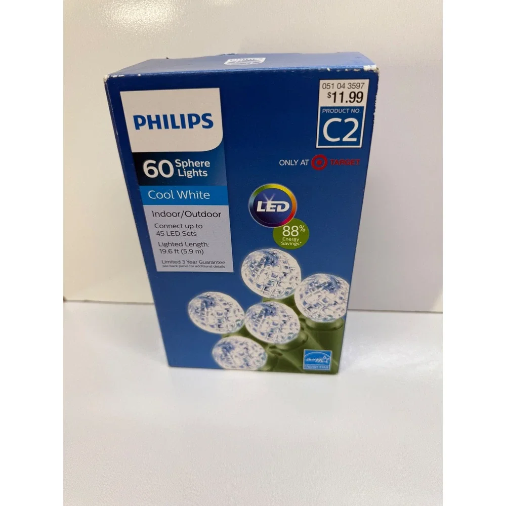 Philips 60 LED Sphere Lights Cool White Indoor Outdoor 19.6ft 051043597